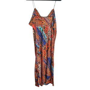 Forever 21 Orange Abstract Print Slip Dress Sz 3X Maxi Silky Lace Trim